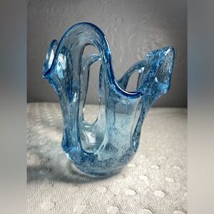 Vintage Blue Hand Blown Stretch Bubble Candle Art Glass Design Holder